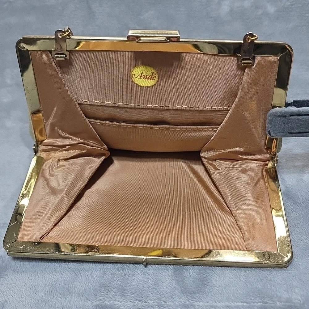 Vtg Ande 1960s Gold Lame Shimmer Clutch / Handbag Clip Clasp & Chain MCM Glamor‎